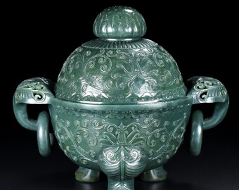 E6358 Superb Chinese Green Hetian Jade Double Rings 3 Legs Incense Burner