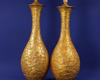 N1306 A Pair Vintage Chinese Gilt Gold Bronze Low Releif Dragon Phoenix Design Bottle