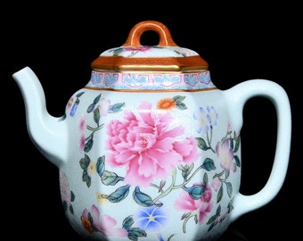 N1721 Chinesische Vergoldung Türkis Galze Famille Rose Blumen-Design Porzellan Teekanne