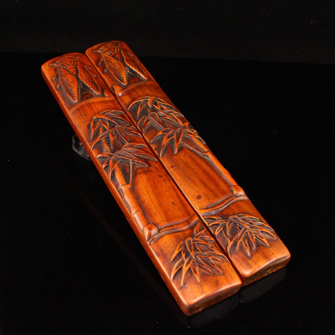 N3967 A Pair Chinese Zitan Wood Low Relief Bamboo & Cicada Etsy
