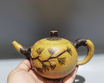N1675 Chinese Yixing Zisha Clay Low Rleief Pine Tree Teapot w Artist Signed