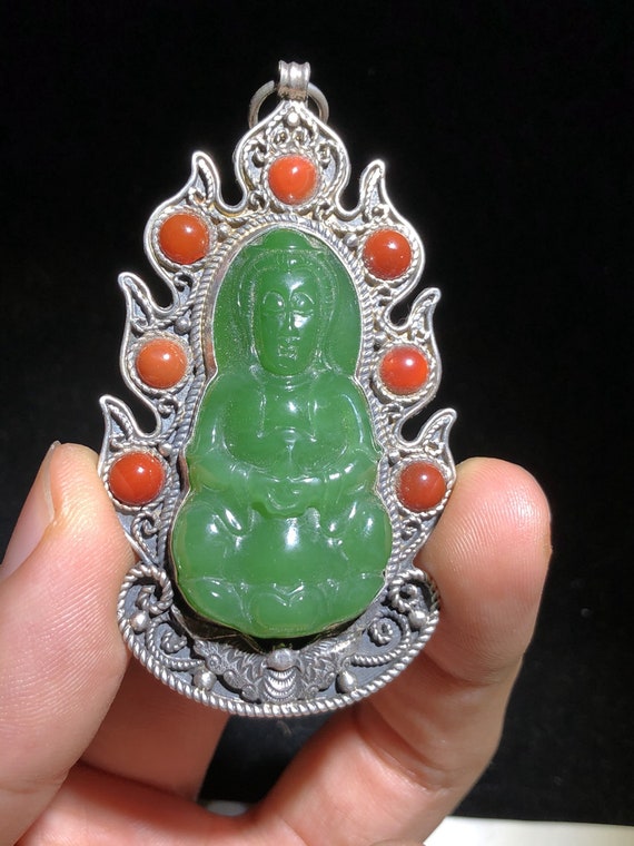 N0119 Chinese Pure Silver Inlay Green Hetian Jade… - image 1