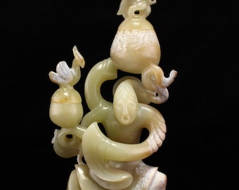 E9832 Vintage Chinese Hetian Jade Carved Figure & Bird Incense Burner