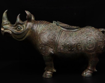Distressed Bronze Posed Rhinoceros Wildlife Animal Figure Decorative Ornament 