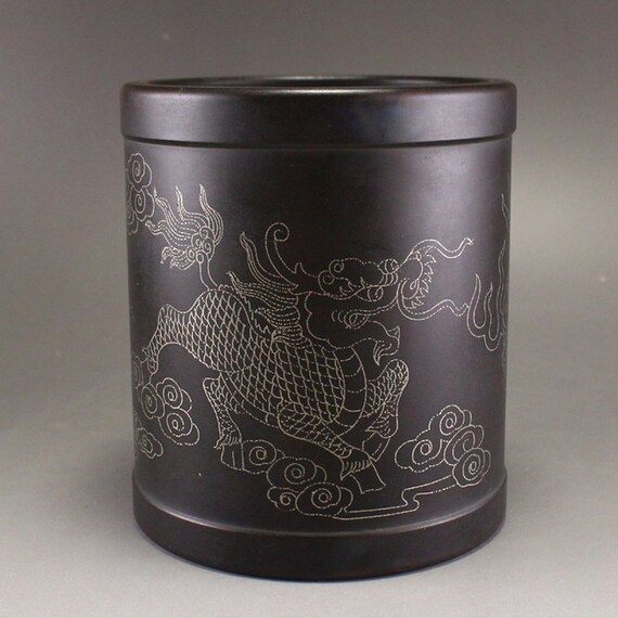 Chinese Bronze Brush Pot With Silver Wire Inlay Chinese Bronze Brush Pot With Silver Wire Inlay