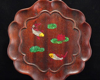 N0957 Chinese Zitan Wood Inlay Shell Fish & Lotus Flower Tea Tray