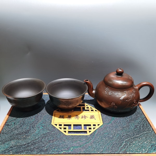 N1838 A Set Chinese Yixing Zisha Clay Low Rleief Flower Bird Teapot & Cups w Artist Signed