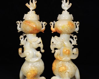 E7129 A Pair Vintage Chinese Hetian Jade Carved Dragon Phoenix Incense Burner