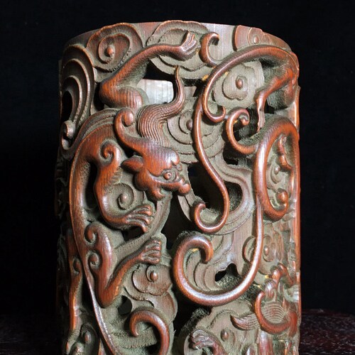 A5428 Vintage Openwork Chinese 2024 Bamboo Clouds Dragon Design Brush Pot