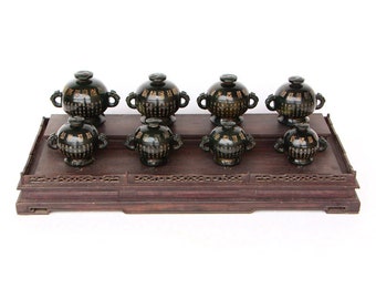 F0327 A Set Eight Superb Chinese Qing Dy Hetian Jade Poetic Prose Incense Burner w Zitan Wood Base