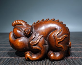 E7751 Chinese Natural Boxwood Wood Carved Unicorn Statue