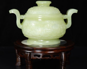 N0354 Superb Chinese Hetian Jade Low Relief Flower Design Double Ears Incense Burner