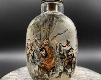 N0984 Old Chinese Inside Painting Peking Glass Figure & Poetic Prose Snuff Bottle w Stopper