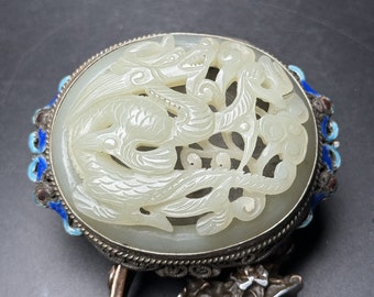 E9278 Openwork Vintage Chinese Pure Silver Enamel Inlay Hetian Jade Dragon Phoenix Belt Buckle