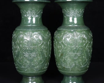 E9743 A Pair Chinese Green Hetian Jade Low Relief Flower Design Vase