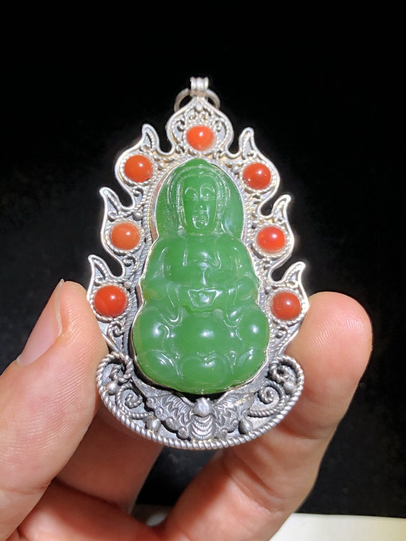 N0119 Chinese Pure Silver Inlay Green Hetian Jade… - image 4