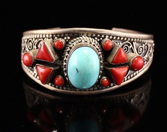 N1362 Vintage Pure Silver Inlay Red Coral & Turquoise Bracelet