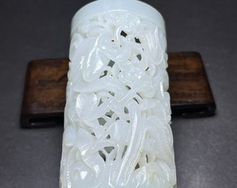 N0739 Openwork Chinese White Hetian Jade Carved Crane & Lotus Flower Brush Pot