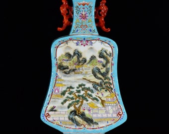 N1631 Chinesische Porzellanvase mit vergoldetem Rand, Famille Rose, Bergflussszene, Doppelohren