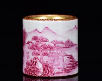 N1197 Chinese Gilt Gold Rouge Red Glaze Mountain River Scene Design Porcelain Thumb Ring