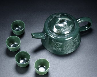 E8001 A Set Chinese Deep Green Hetian Jade Teapot & Cups