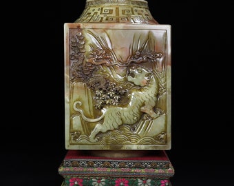 E7340 Superb Vintage Chinese Shoushan Stone Low Relief Tiger & Fortune Dragon Design Brush Pot w Box