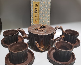 E8185 A Set Vintage Chinese Yixing Zisha Clay Tree Stump Shape Teapot & Cups w Artist Signed