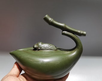 N2090 Chinese Green Yixing Zisha Clay Bamboo & Cicada Teapot w Artist Signed