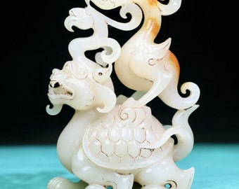 N1612 Vintage chinesische Hetian Jade geschnitzte Drache Schildkröte & Phoenix Statue