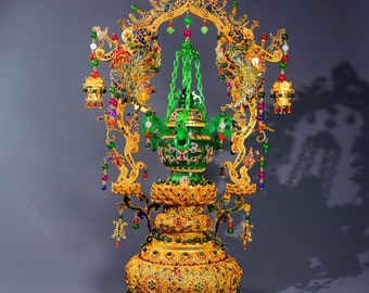 E7369 Exquisite Chinese Gold Wires Enamel Inlay Gem & Green Jade Chain Incense Burner w Base