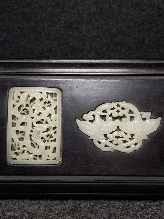 E8149 Vintage Chinese Zitan Wood Inlay White Jade… - image 8