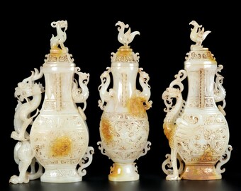 E7673 A Set Three Superb Vintage Chinese Hetian Jade Carved Dragon Phoenix Bottle