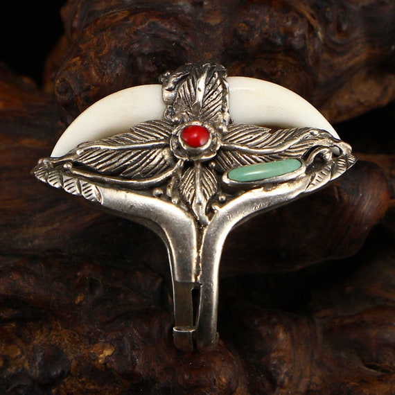 A6329 Chinese Pure Silver Inlay Turquoise & Coral… - image 1