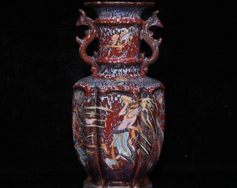 E7975 Chinese Jian Kiln Wucai Figure Design Double Ears Porcelain Vase