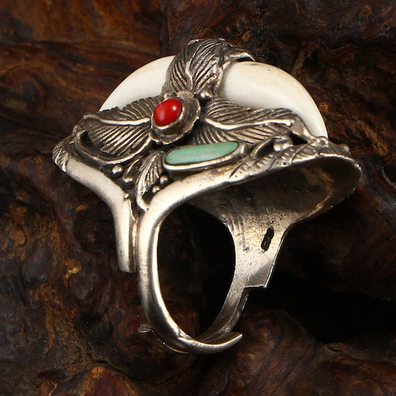 A6329 Chinese Pure Silver Inlay Turquoise & Coral… - image 3
