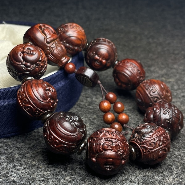 N1460 Chinese Natural Zitan Wood Carved Fortune Taoism Deity Beads Bracelet w Box