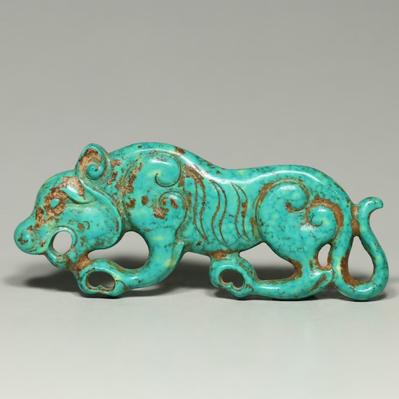 N1891 Vintage Chinese Turquoise Carved Tiger Pend… - image 5