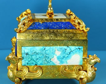 E7055 Superb Chinese Gilt Gold Copper Inlay Hetian Jade, Turquoise, Lapis Lazui Dragon Phoenix Box