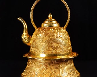 N0975 A Set Vintage Chinese Gilt Gold Bronze Dragon Design Teapot & Cups