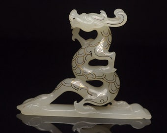 N1517 Chinese Hetian Jade Inlay Gold & Silver Wires Fortune Dragon Statue