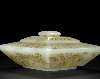 N1569 Vintage Chinese Tian Jade Plum Flower & Orchid, Bamboe, Chrysant Design Pot