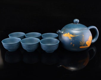 N1356 A Set Chinese Blue Yixing Zisha Clay Teapot & Cups w Box