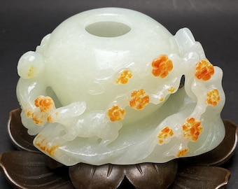 E7485 Superb Chinese Natural Hetian Jade High Relief Plum Flower & Kid,Deer Brush Washer