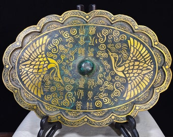 N1636 Chinesischer Vintage-Spiegel im Phönix-Design aus vergoldeter Goldbronze