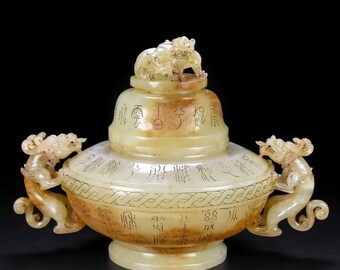 E7077 Vintage Chinese Hetian Jade Carved Fortune Dragon Double Ears Incense Burner