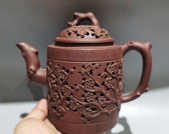 N0855 Openwork Chinese Yixing Zisha Clay Plum Flower Teapot w Artist Signed