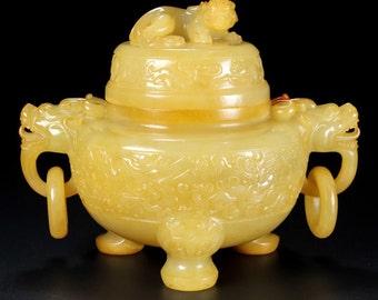 E7349 Vintage Chinese Hetian Jade Carved Chi Dragon Double Rings Incense Burner