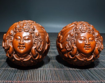 E9653 A Pair Chinese Boxwood Wood Carved Lotus Flower Kwan-yin Design Gymnastic Ball