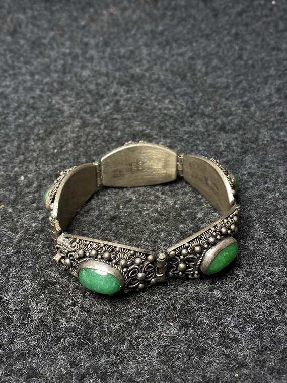 E7209 Old Chinese Silver Inlay Green Jade Bracelet - image 7
