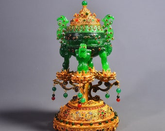 E9543 Exquisite Chinese Gold Wires Enamel Inlay Gem Green Jade Chi Dragon Double Ears Incense Burner